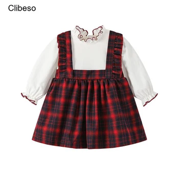 2023 Clibeso אופנה שמלה עבור ילדים ילדה ילדים אביזרי סגנון חולצה לבנה + Suspender משובץ שמלות תינוקות ספרדית תלבושות