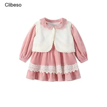 2023 Clibeso סתיו חורף בייבי בנות קטיפה שמלת להגדיר הילדים הנסיכה האפוד האפוד + רקמה, תחרה שמלות תלבושות ילדים