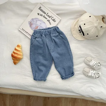 2023 אביב סתיו היילוד בנים ג 'ינס ג' ינס כיס תוקנו חופשי תינוקות בנים מכנסיים תכליתי גומייה פעוטות בנים מכנסיים