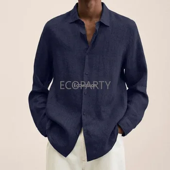 2023 חדש האביב והסתיו מוצק צבע שרוול ארוך חולצות גברים פולו חופשי קרדיגן כפתור החולצה של גברים מקרית ללבוש חולצת פשתן