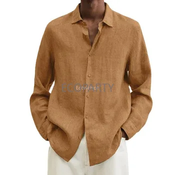 2023 חדש האביב והסתיו מוצק צבע שרוול ארוך חולצות גברים פולו חופשי קרדיגן כפתור החולצה של גברים מקרית ללבוש חולצת פשתן