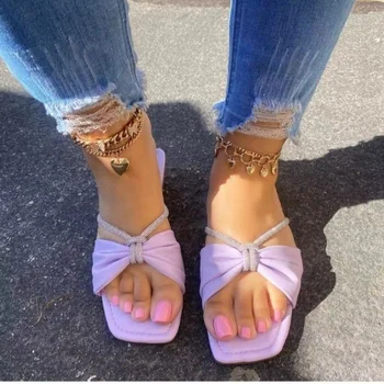 2023 נשים קיץ קריסטל קשר שטוח סנדל סקסי, רזה רצועות יוקרה נעלי בית בוהן מרובע כפכפים החוף מזדמנים נעלי נשים