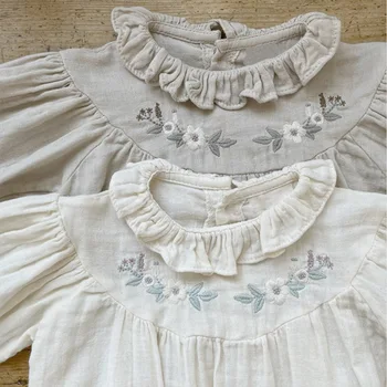 2023 סתיו ילדים קוריאנים בגדי תינוק קטן פולו, צווארון פרח רקמה החולצה ילדה קטנה חולצת ילדה העליון סתיו