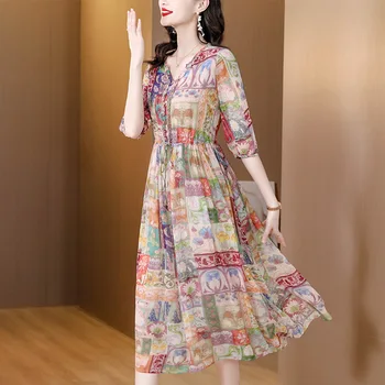 2023 פרחוני משי שמלה חדשה קיץ אלגנטי החוף מזדמנים חג שמלה נשים אופנה קוריאנית משוחרר מסיבה שמלת ערב