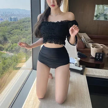 2023 קוריאה סקסי תחרה שחור, ביקיני סט נשים לדחוף את מרופד בגדי שרוול קצר בגדי ים קיץ חוף ללבוש גבוהה המותניים בגד