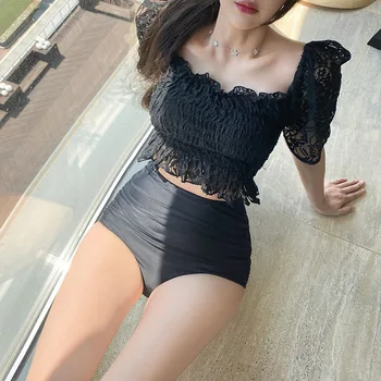2023 קוריאה סקסי תחרה שחור, ביקיני סט נשים לדחוף את מרופד בגדי שרוול קצר בגדי ים קיץ חוף ללבוש גבוהה המותניים בגד
