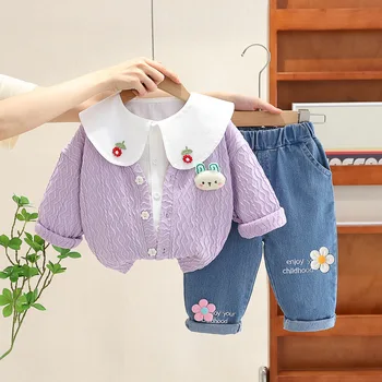 2023 תינוק בייבי בנות תלבושות שרוול ארוך קריקטורה ארנב כפתור החולצה ז 'קט ג' ינס, חולצה מכנסיים סתיו חורף בגדים להגדיר 3pcs