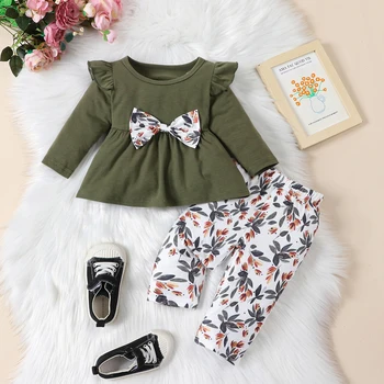 2Pcs מקסים האביב&סתיו תלבושת להגדיר עבור התינוק הנולד בנות - עף שרוול שרוול ארוך קרופ טופ ומכנסיים