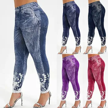 5XL גדול גודל ג ' ינס הדפסה חותלות נשים יוגה כושר חותלות פועל חדר כושר מתיחה ספורט מכנסיים מכנסיים גבוה המותן הנשית המכנסיים