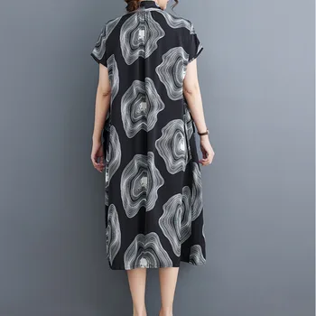 #6579 שחור מודפס סימטרית שמלת עטלף שרוול רופף המשרד Midi שמלה נשים V-neck Office קו כיסים רטרו Vestidos