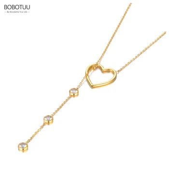 BOBOTUU נוצץ CZ קריסטל שרשרת תליון אופנתי חלולים קסם לב נירוסטה תכשיטים לנשים ילדה Ожерелье BN22186