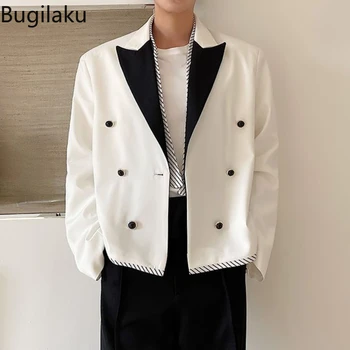 Bugilaku האביב והסתיו שחור ולבן ניגוד צווארון מקרית קוריאני אופנה מזדמן החליפה המעיל