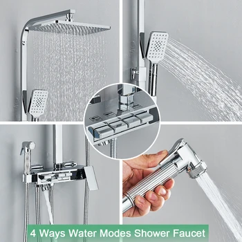 Chrome Thermostatic מקלחת ברז להגדיר תצוגה דיגיטלית גשמים חדר מקלחת מערכת קיר 4 דרך בידה אמבטיה זרבובית ברז מיקסר