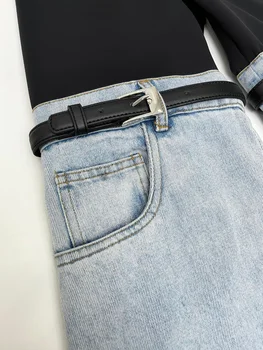 DEAT אופנה ג 'ינס ניגודיות צבע לשלב ג' ינס של נשים אלסטיים חגורת המותניים עיצוב ישר הזיקוק מכנסיים 2023 האביב החדש 11XX0838