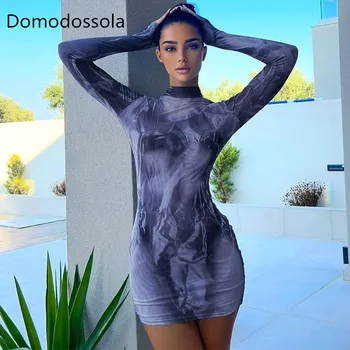 Domodossola ללבוש נשים 2023 קיץ סגנון רחוב אופנה מודפס סלים שמלה צוואר עגול שרוול ארוך מסיבת מועדון אפרסק היפ שמלות