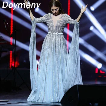 Doymeny נשים הניצוץ חרוזים שמלות לנשף O-צוואר קו A-קוקטייל שמלה ארוך שרוולים אלגנטיים ערב רשמי צד שמלות