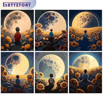 GATYZTORY ציור אקריליק על-ידי מספרים על היצירה הירח חמניות ילד צביעה לפי מספרים למבוגרים DIY מתנה על בד Decors