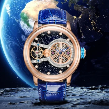 HANBORO כוכבים בשמיים לצפות לגברים איש מכאני Luxuri שעון כדור הארץ עיצוב נושא האוטומט אדם לצפות שעוני יד גבירותיי ורבותיי Uhr