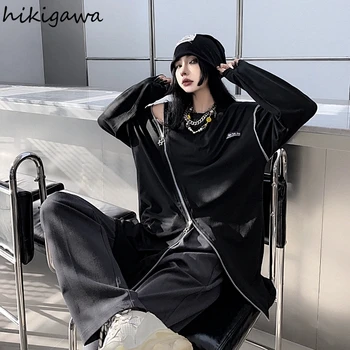 Harajuku קפוצ ' ונים לנשים אופנה סדיר רוכסן שרוול ארוך Y2k מקסימום 2023 יוקרתי Mujer מזדמן אופנת רחוב BF סווטשירט ענק.