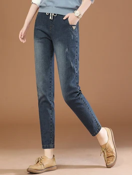 HCXR נשים ג ' ינס 2023 סתיו רטרו אלסטיות גבוהה המותניים רזה ישר סרבל צפצף מוצק מקרית כל-התאמה מכנסיים