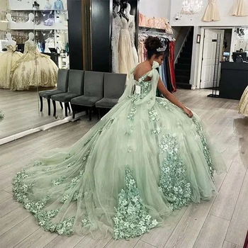 LaBoum מנטה ירוק פרחוני אפליקציות נצנצים את הכתף הטקס שמלות שמלת נשף 16 שמלות Vestidos דה-15 Anos