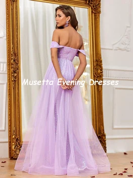 Musetta מחוץ כתף נצנצים שמלות ערב מתוקה נוצץ נוצץ שמלת הנשף עם להסרה הרכבת ללא משענת שמלת מסיבת