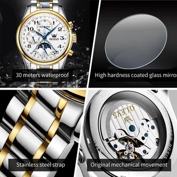 OLEVS חדש הטובים ביותר שעונים אוטומטיים מכאני Watch עבור גברים תאריך הירח שלב זכר עמיד למים נירוסטה גברים לצפות