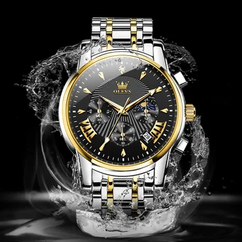OLEVS חדש לגברים של מותג יוקרה קוורץ שעונים נירוסטה עמיד למים כפולה לוח שנה הכרונוגרף אופנה לגברים הירח שלב Wristwat