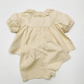 RiniLucia בגדי ילדים להגדיר עבור בנות תינוק בגדי קיץ סט מוצק שרוול קצר תחרה חולצה קצרה 2pcs חליפת תינוק בגדי תינוקות