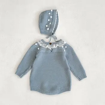 RiniLucia סתיו אופנה Rompers קיד בגדי תינוקת שרוול ארוך O-צוואר לסרוג את הסוודר סרבלים 0-3T התינוק תלבושות עם הכובע