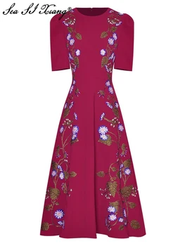 Seasixiang מעצב אופנה שמלת הקיץ נשים O-צוואר שרוול קצר רקמה וינטאג', שמלות ערב