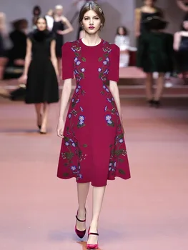 Seasixiang מעצב אופנה שמלת הקיץ נשים O-צוואר שרוול קצר רקמה וינטאג', שמלות ערב