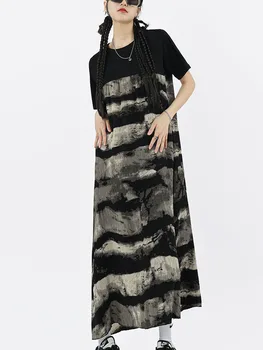 SHENGPALAE וינטג ' קו דיו ציור טלאים בסגנון חולצה שמלת טמפרמנט שחור מזדמן חצאית קיץ 2023 בגדים חדשים 5R4804