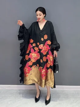 SHENGPALAE מודפס שמלת נשים אופנה V-צוואר קפלים עטלף שרוול מזדמן רופף קו Vestido הקיץ 2023 חדש הגאות 5R4247