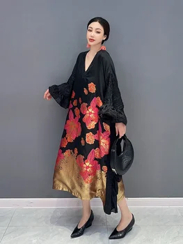 SHENGPALAE מודפס שמלת נשים אופנה V-צוואר קפלים עטלף שרוול מזדמן רופף קו Vestido הקיץ 2023 חדש הגאות 5R4247