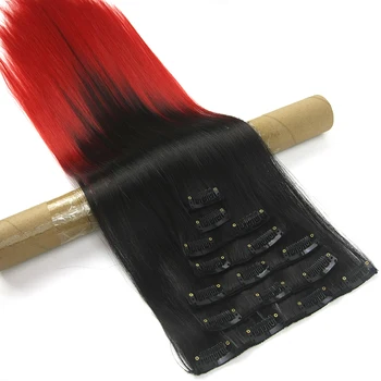 Soowee ישר-שחור, אדום Ombre קליפ שיער בחלקים שיער ExtensionsFull הראש קשת מזויפת שיער קליפים Perruque קאבייו