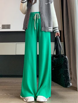 TIGENA אלסטיות גבוהה המותניים סרוגה מכנסיים נשים 2023 סתיו חורף מקרית מוצק חם רך חגורה רחבה הרגל המכנסיים נשיים מכנסיים ירוקים