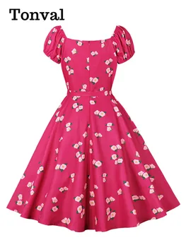 Tonval מחשוף מתוק עלה אדום פרחים וינטאג', שמלות ערב נשים 2023 חדש קו-בנות יום ההולדת שמלות קיץ מכירה