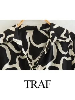 TRAF נשים אופנה שמלות בשחור-לבן פרחוני הדפסה שרוול ארוך רופף Turn-למטה צווארון בציר כפתור Midi אלגנטי Vestidos