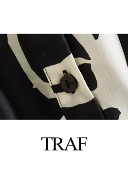 TRAF נשים אופנה שמלות בשחור-לבן פרחוני הדפסה שרוול ארוך רופף Turn-למטה צווארון בציר כפתור Midi אלגנטי Vestidos