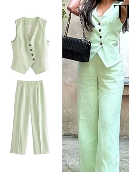 TRAF נשים לאביב קיץ מעיל אפוד מכנסיים ערכות 2023 אופנה סימטרית מוצק צבע האפוד רוכסן עליון ישר מכנסיים להאריך ימים יותר
