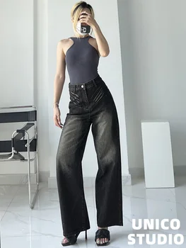 TVVOVVIN 2023 אביב סתיו נשים אמריקאית גבוהה סגנון רחוב רחב הרגל חריף בנות חופשי גבוהה המותניים אופנה ג ' ינס מכנסיים PA0H