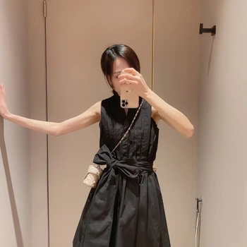 Wakuta 2023 מוצק צבע תחרה מותניים צרים החלוק יפן סגנון קיץ שמלות אלגנטיות גדול הקשת עיצוב קפלים V-צוואר Vestidos