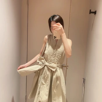 Wakuta 2023 מוצק צבע תחרה מותניים צרים החלוק יפן סגנון קיץ שמלות אלגנטיות גדול הקשת עיצוב קפלים V-צוואר Vestidos