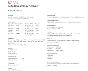 אוטומטי לחלוטין 3-דיפ המטולוגיה המטולוגיה Analyzer ו Mindray BC-30 המטולוגיה מנתח מכונת BC-30