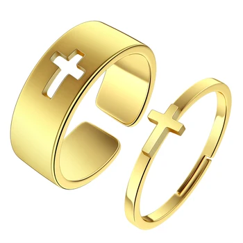 אופנה צלב פלדת אל-חלד Sideway שתי הטבעת על גברים ונשים טבילה או מתנת חג הפסחא יכול מתכוונן פאנק תכשיטי סט מתנות.