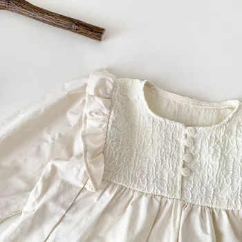 אלגנטי ילדות קטנות משמש תחרה, חולצות פרחוניות קפלים שולי התינוק פאף זמן Sleeave גג רך לנשימה ילדים סתיו חולצות