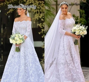 אלגנטי קו תחרה שמלת חתונה אפליקציות חצי השרוולים כתף רכבת בית המשפט גן שמלות כלה vestidos דה noiva