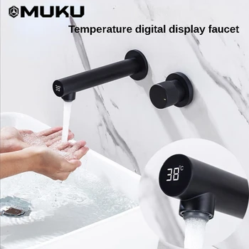 אקדח אפור מוסתר אגן ברז נחושת מים חמים וקרים מיקסר Led טמפרטורה דיגיטלית תצוגת קיר רכוב ברז הכיור בחדר האמבטיה.