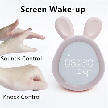 ארנב חמוד שעון מעורר טעינת USB Mini Smart LED שעון עם מנורת לילה בחדר השינה ליד המיטה אלקטרוני שעון לילדים שעון של שולחן
